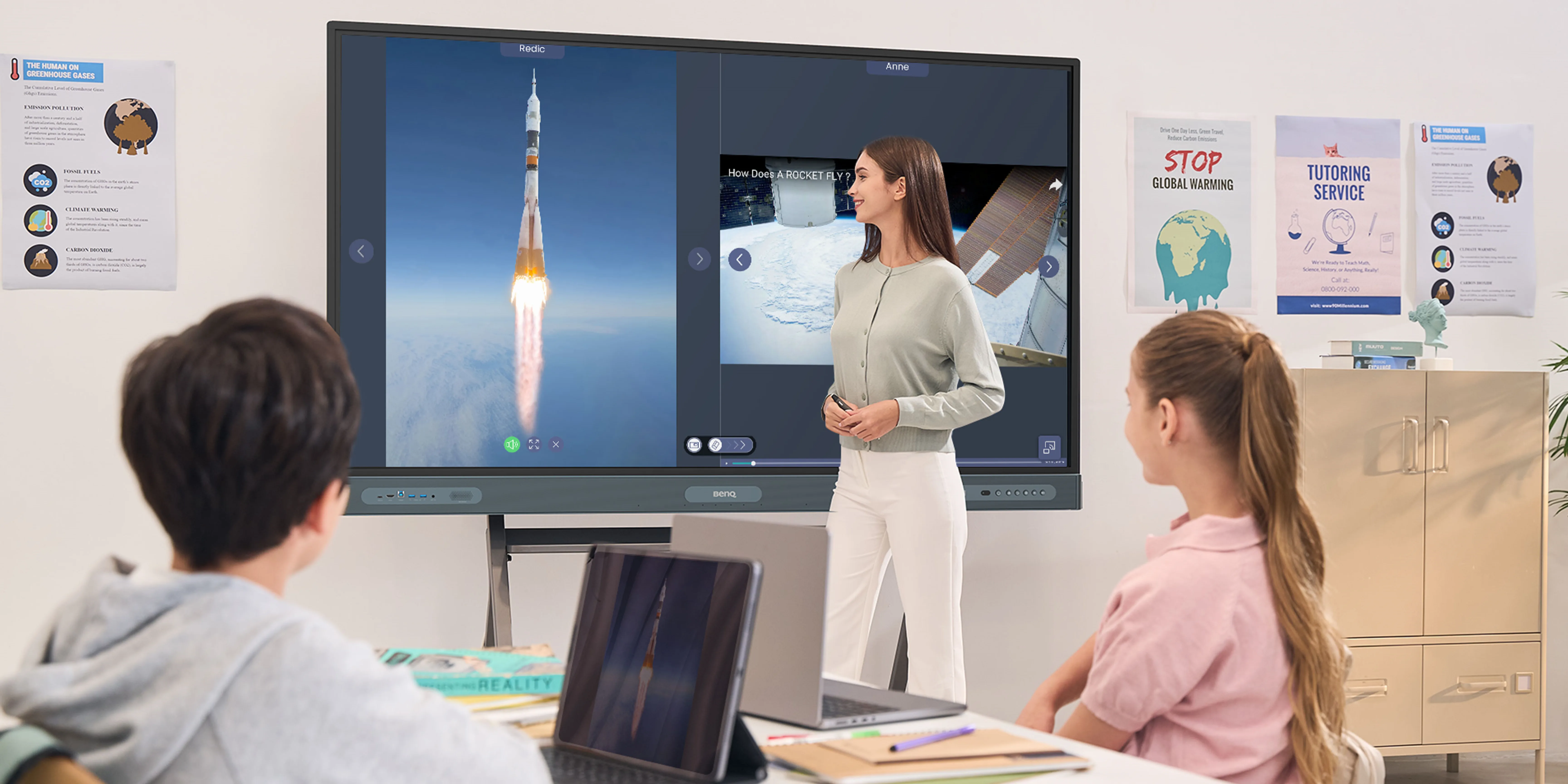 Teacher standing at front of class with BenQ RP04 Series Interactive Display